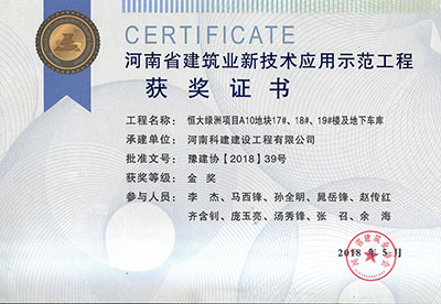 “恒大綠洲項目A10地塊17#、18#、19#樓及地下車庫工程”榮獲“河南省建筑業(yè)新技術(shù)應(yīng)用示范工程”金獎